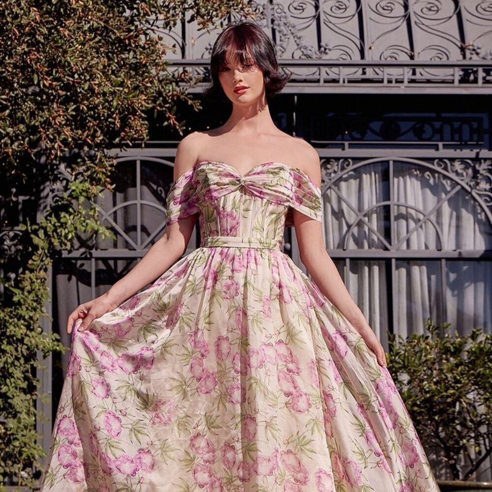 NEW OFF SHOULDER A-LINE FLORAL GOWN W/ POCKETED SKIRT & PLEATED BODICE CD A1466